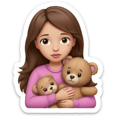 girl with long wavy brown hair, brown eyes, light to medium complexion, in a pink shirt, pink lips, long lashes, sad, hugging squeezing a teddy bear with a broken heart band aid sticker
