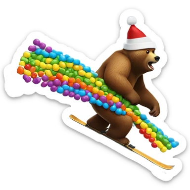 Grizzly bear skiing down mountain made of skittles sticker