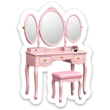 White Makeup vanity with light pink makeup, with a mirror and a stool sticker