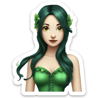 Fairy with long black hair pale skin deep green wings and green corset sticker