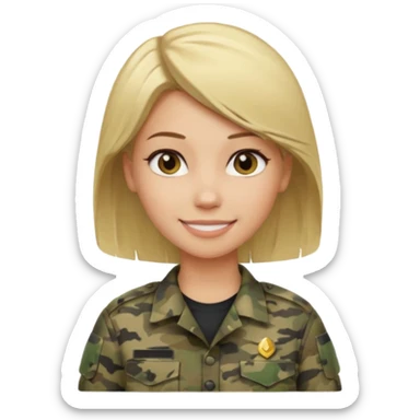 Apple-style emoji: female soldier, bust, no cap/helmet, friendly smile, generic camo top, blonde hair black color sticker