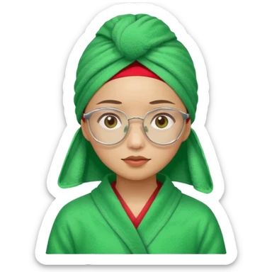 Asian woman wearing a green towel in her head with a broken glasses on her face in red pajamas sticker