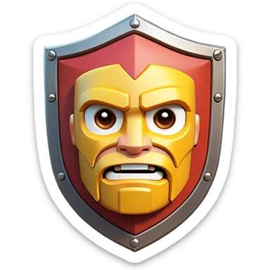 Clash of Clans aesthetic: Cinematic Playful Pixel 3D Shield Portrait Emoji, rendered in a 3D vector-style similar to standard emojis with minimal shading and bold, simplified shapes. A compact, distinct form with signature details, softly glowing with a pixelated adventure charm. Simplified yet unmistakably iconic, highly detailed and consistent, glowing with a soft radiance and high shine. Stylized with a touch of classic pixel-art charm and a soft glowing outline, capturing the essence of a beloved gaming relic with a friendly, playful manner! sticker