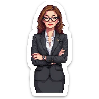front-facing pixel art businesswoman, waist up, in sharp suit, hand under chin, gazing slightly to the side, wearing stylish glasses, luxury watch visible, expression of curiosity or contemplation, clean background sticker