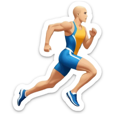 An icon symbolizing professional running: a dynamic sprinting athlete in motion on a track, leaving motion lines behind. The background features a large stadium with cheering crowds, a digital timer, and a clear blue sky. Transparent background emphasizes speed, endurance, and competition. sticker