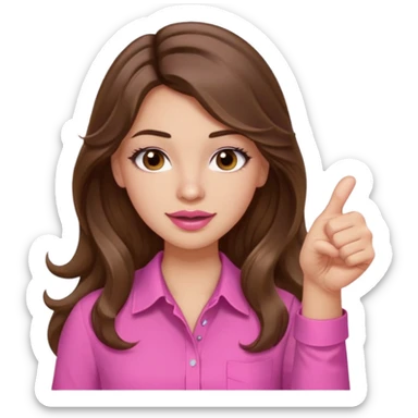 girl with long wavy brown hair, brown eyes, light to medium complexion, in a pink shirt, pink lips, long lashes, puckered lips, thumbs up sticker