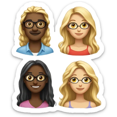 Let's have 3 people side by side. Let's have a man in the middle and he should have glasses. Let's have a woman with blonde hair and dark skin on the left. Let's have a beautiful woman with long hair on the right. sticker