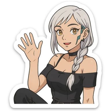  she is waving hello greetings, a closeup portrait of young woman with gold yellow eyes, white hair, long braid, black off-shoulder top d-cup, punk gothic style, futuristic cyberwave cyberpunk, sitting position
 sticker