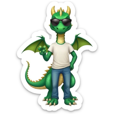 friendly anthropomorphised green dragon in a sports t-shirt and jeans with dark sunglasses, relaxed pose sticker