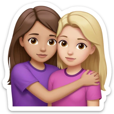 2 girls hugging one with brown hair and blonde highlights in a purple shirt hair and one with dark hair in a pink shirt sticker