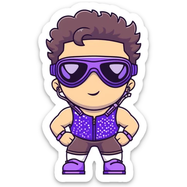 close-up of bad guy male athlete with white skin and moderately curly dark brown hair on top with shaved sides, wearing ski goggles with purple frames and very dark black lenses, a simple plain black chain necklace, and a completely unzipped sleeveless vest with purple and black sequin fire pattern design with no logo, pulling his tongue out very far in an exaggerated mocking gesture, looking menacing and villainous sticker