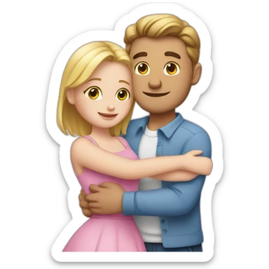 a guy in a blue shirt hugs a white girl in a pink dress sticker