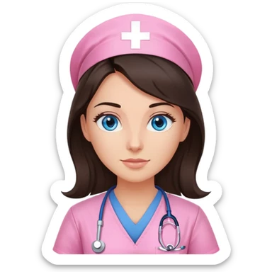 Female nurse, long dark brunette hair, blue eyes, sunkissed skin, pink scrubs sticker