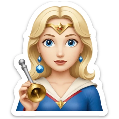 Blonde blue eyes Wonder Woman holding bell and short white orchestra conductor’s baton  sticker