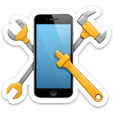 Minimalistic flat vector icon, iOS style, thin black contour on white background. Smartphone with a wrench and screwdriver crossing it. Clean, no text, no shadows sticker