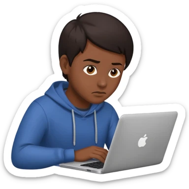 The central figure is an emoji of a person with dark hair with laptop sticker