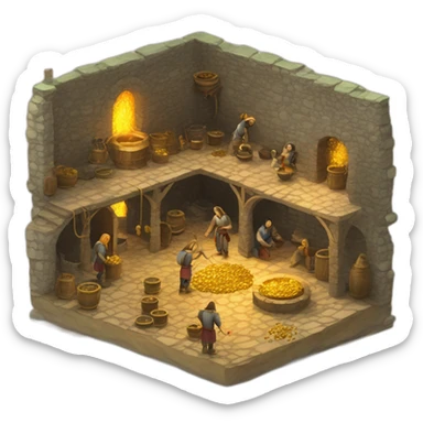open floor plan of a medieval mint showing different people working, one person on the furnace, some people molding liquid gold into coins sticker