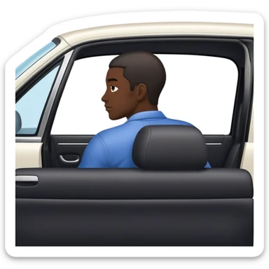 A black skined men sitting in his car while he is lookin back at his back seats. you can see the car from the front and we can only see the back side of the driver sticker