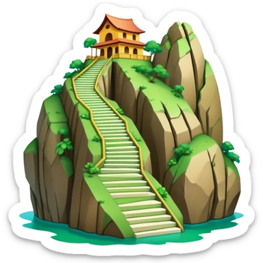 Cinematic Realistic Guatapé Rock Landmark Emoji, depicting the colossal monolithic rock with its zigzagging staircase, offering panoramic views of lush green lakes and scattered islands. sticker