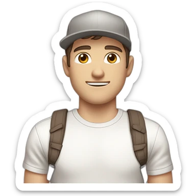 Pale skinned fit Man with dark brown hair in a light gray cap, dark brown jeans, brown polo and white T-shirt keeping a pasted with tape white box into his hands sticker