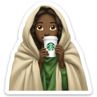 girl inside a blanket beige sipping coffee Starbucks ,eyes colore green  sticker