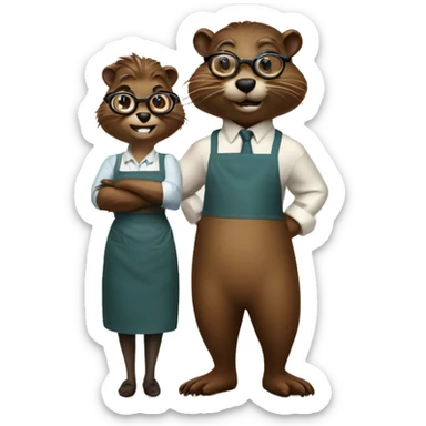 Male beaver wearing glasses standing next to his wife beaver who’s wearing an apron sticker