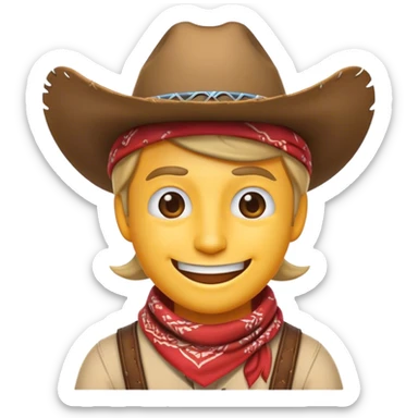 Clash of Clans aesthetic Playful Cowboy Portrait Emoji, Head tilted with a roguish, cheeky grin and twinkling eyes, featuring a compact, charming build with a jaunty hat and a friendly bandana, his natural skin tone adding authenticity, Simplified yet irresistibly charming features, highly detailed, glowing with a warm, inviting western glow, high shine, spirited and lively, stylized with an air of whimsical frontier mischief, soft glowing outline, capturing the essence of a playful cowboy exuding friendly rogue charm! sticker