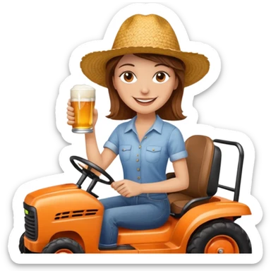 White woman with brown hair, without glasses wearing a straw hat, on old orange ride on lawn mower, holding a beer with one hand and holding the steering wheel with the other hand. Woman is smiling. Lawn mower brand is called “Westwood” sticker