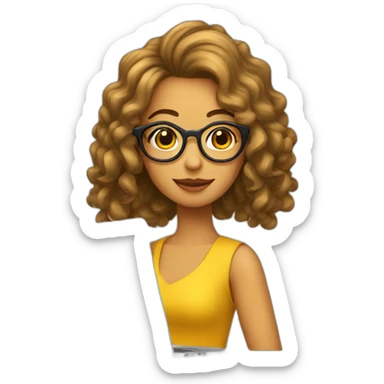 Chica con cabello ondulado lentes y laptop sticker