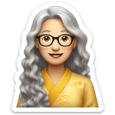 Chinese senior lady has wavy long hair wear glasses show love sign sticker