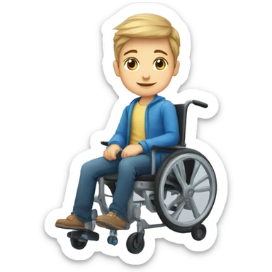 niño en silla de ruedas, delgado, cara alargada y pequeña, ojos grandes azules, pelo rubio con cresta, cara seria con la lengua fuera sticker