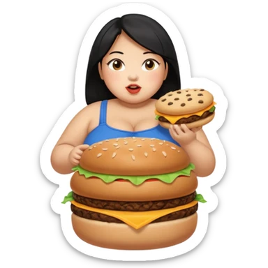 create a humongous asian girl with black hair, with 2 burgers and a cookie in her mouth, she is super obese, please make her a full body emoji, mega huge tummy   sticker