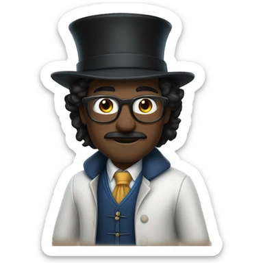 man with white skin, black longer and straight hair, mustache, glasses, with a magic hat, ravenclaw sticker