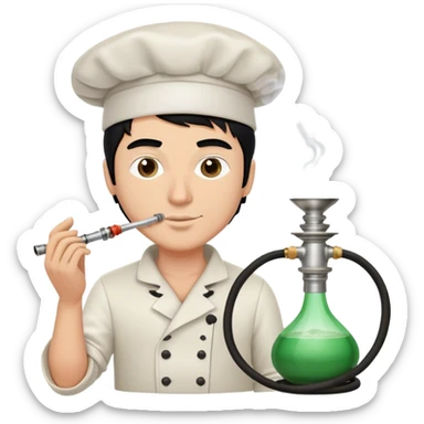 A white guy with black hair and smoking a modern hookah with a Chef's hat and has the hose in the hand sticker