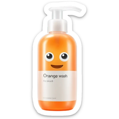 orange face wash in glass pump bottle, no face, no fruit, realistic absolutely nothing resembling a face no mouth no eyes sticker