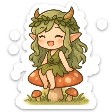 chibi forest nymph with a joyful expression, sitting on a mushroom, magical forest background sticker