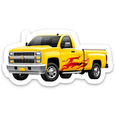 Yellow Chevrolet C-2500 Crew Cab with professional airbrushed red flame artwork on front hood and fenders, authentic Kill Bill truck design, 30-degree view, iOS emoji style sticker