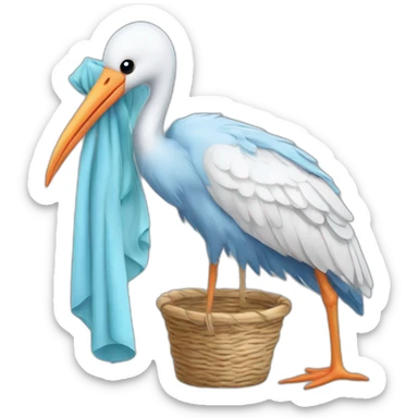 stork carrying a light blue bundle of cloth in its beak that has a human baby with dark hair and the baby face and head is peeking from the cloths bundle the strok is carrying with its beak sticker