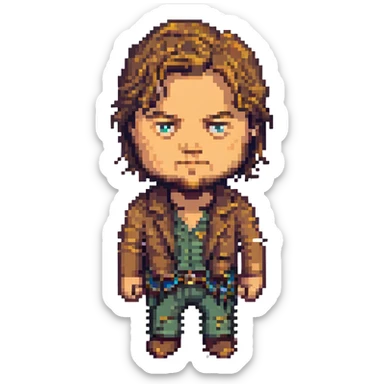Leonardo DiCaprio as pixel art character, recognizable features, retro game style sticker