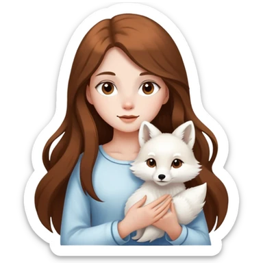 A girl with long brown hair holding a white fox sticker