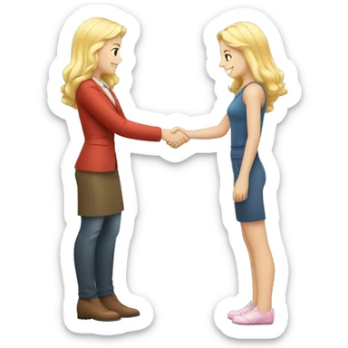 A 40-year-old fair-skinned entrepreneur shakes hands with an 18-year-old fair-skinned blonde girl, full-length emoji sticker