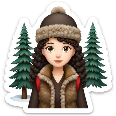 "A girl with curly dark hair 👩🏻‍🦱, wearing a fur hat 👒🦊 and a fur vest 🧥, standing in the snow ❄️ with pine trees 🌲 in the background. Minimalistic emoji style." sticker