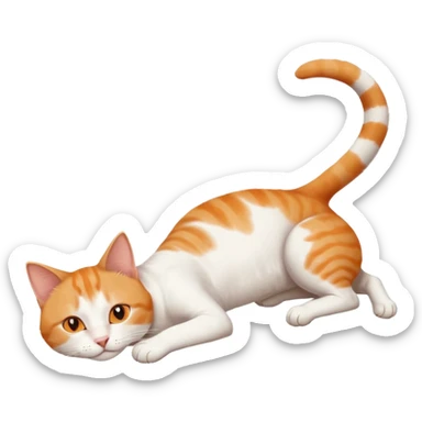 ginger and white cat with orange eyes doing a big extremely long stretch reaching up into the air with arms and legs side by side together straight and overextended whilst lying on its side sticker