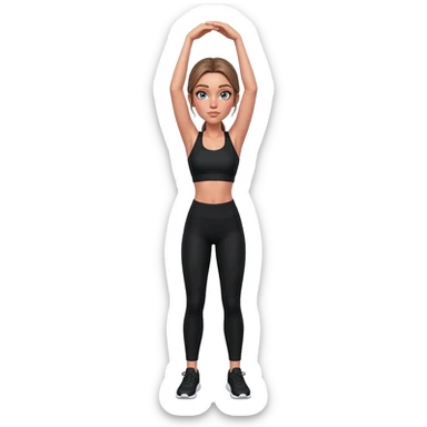 standing stretch with arms overhead, fair-skinned woman, light gray-blue eyes, ash brown brows, ash light brown hair tied back, slim athletic body, black workout set, black sneakers with white soles sticker