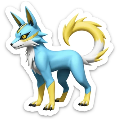 Shiny cyan yellow white electric complex futuristic white-cyber-masked Zeraora-Renamon-Electrike-Umbreon-Lombax-Weregarurumon-fusion-creature (full body sticker