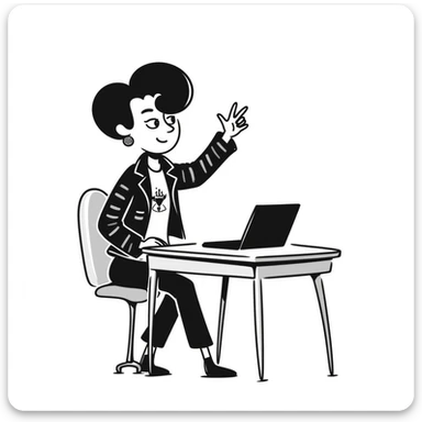 A rockstar female musician with tattoos on her arms, stylish modern haircut with shaved sides, wearing cool rocker clothes, smiling and sitting at a desk with a laptop, raising hand during class sticker