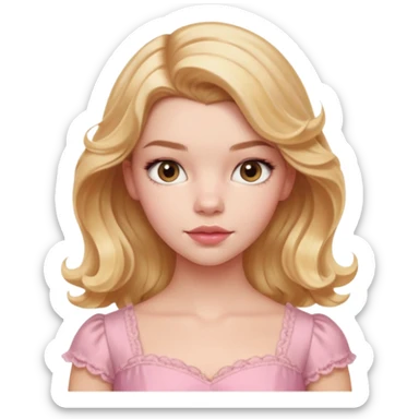 Cinematic Realistic Anya Taylor Joy Portrait, depicted with lifelike skin texture, subtle rosy undertones, and soft natural lighting that enhances the sweet blush contours of her face. Her intricately detailed golden blonde hair is elegantly wavy, and pink dress corquette sticker
