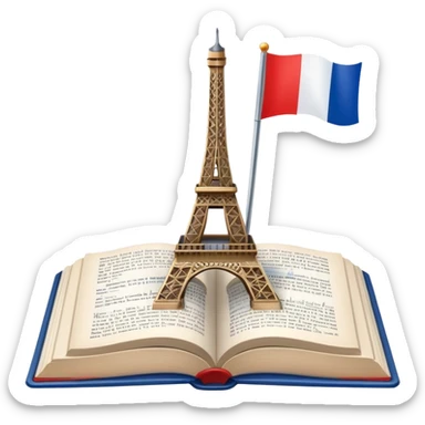 An icon featuring the Eiffel Tower and the flag of France, symbolizing the French language. The design includes an open book with French text, representing language learning and French culture. Transparent background highlights the elegance of the French-speaking world. sticker