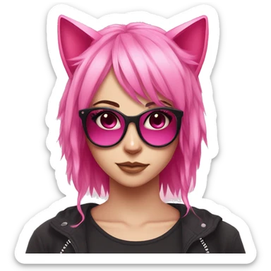 Pink haired girl with pink eyes with eyeliner on and pink cat ears on top of head, scene emo hairstyle with star sunglasses on top of her head sticker