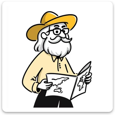 An elderly man with white hair and beard, wearing glasses and a yellow explorer hat sticker